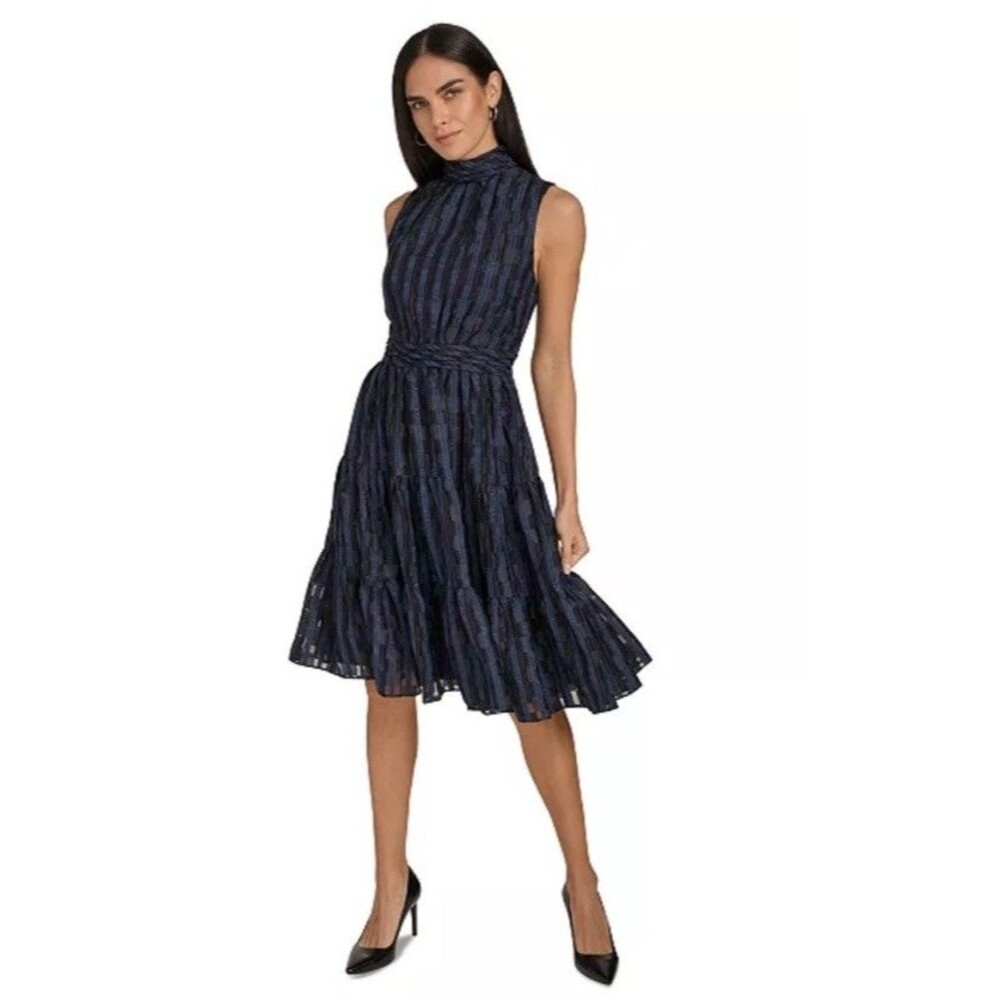 Calvin Klein Women's Checkered Shimmering Tiered A-Line Midi Dress 3707 Size 14